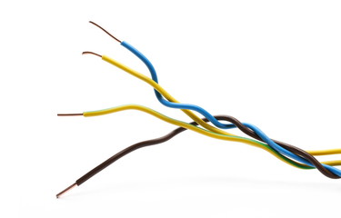 Cut insulated colorful wires isolated on white background