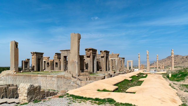 The palace of Xerxes at Persepolis, called Hadiš in Persian. Persepolis, an ancient ceremonial capital of Persian Empire, in modern Iran