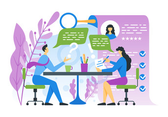 Obraz premium Job interview concept. Clerk interview a woman before being hired. Vector flat illustration