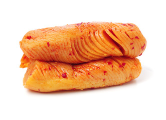 sliced radish kimchi  on white background