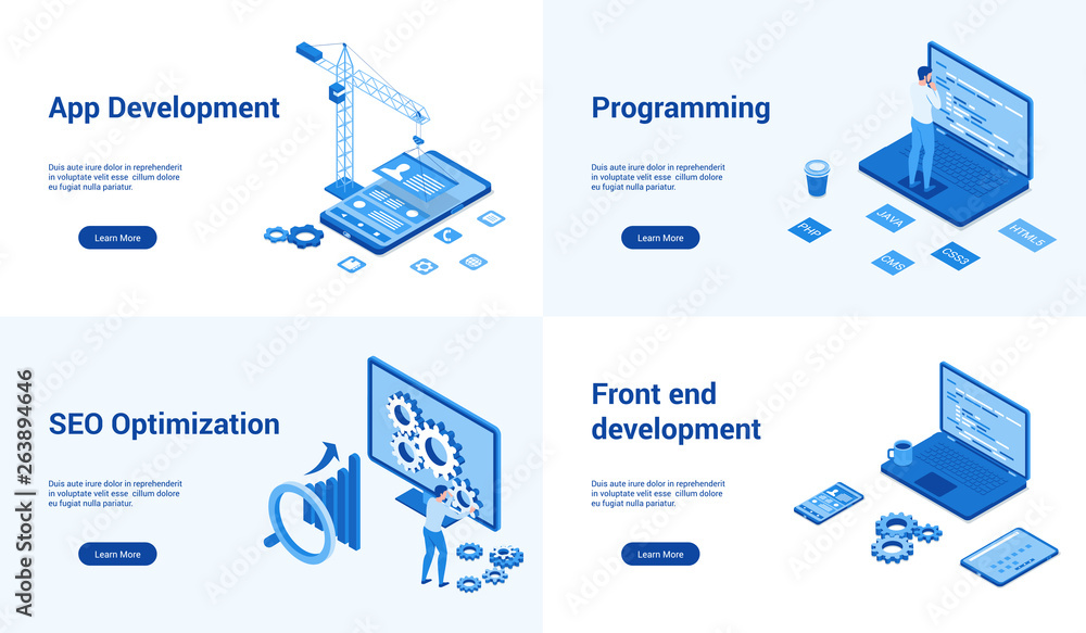 Poster isometric landing page templates for search optimization page. vector illustration mock-up for websi
