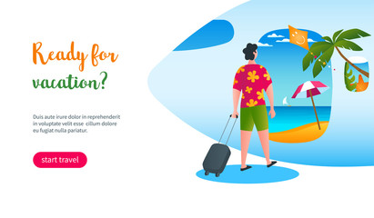 Man walking along a tropical beach. a man comes on the plane. Ready for vacation. Modern vector illustration