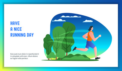 Young man running in a city park. Have a nice running day. Modern vector illustration