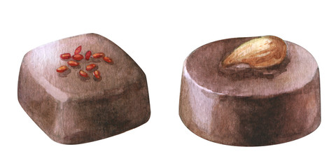 Watercolor hand painted chocolate candies. Set sweet dessert with almond nut, oval, square sweets with raspbery isolated on white