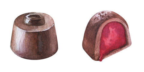 Watercolor hand painted chocolate candies. Set sweet dessert with coffee bean, red brandy filling isolated on white