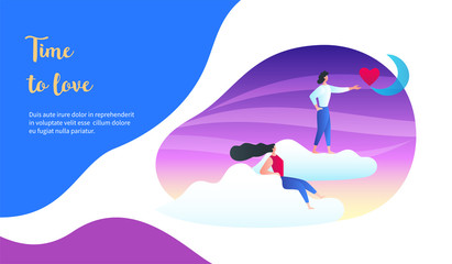 Man and woman flying on the clouds to the moon. Time to love concept. Modern vector illustration