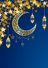 Ramadan kareem greeting template islamic crescent and arabic lantern. Vector illustration moon and stars