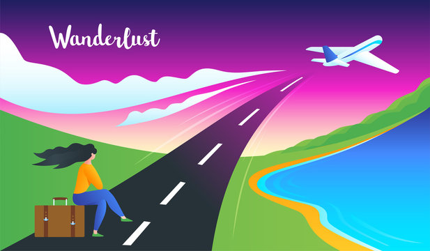Girl sits on a suitcase and looks at the plane taking off. Adventure Wanderlust Concept. Modern vector illustration