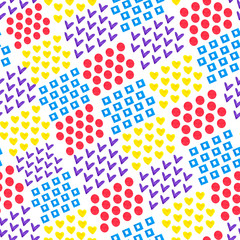 Seamless abstract geometric background of tiles of different shapes heart and square and circle and tick on white background. The figures are made in watercolor