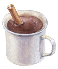 Watercolor hand painted delicious hot chocolate with cinnamon stick in a white mug isolated on white
