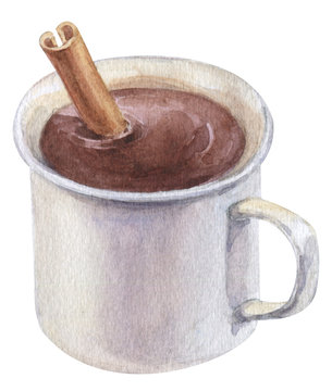 Watercolor Hand Painted Delicious Hot Chocolate With Cinnamon Stick In A White Mug Isolated On White