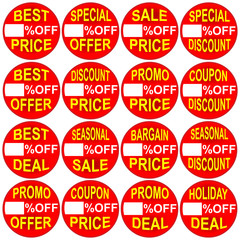 raster set of red business best price tag sticker for shopping discount offer with white promo sale copy space box and yellow special deal label illustration for shop sale goods and products catalogue