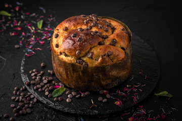 Easter cake with raisins, nuts, poppy seeds, chocolate. Holiday pastries.