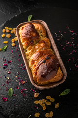 Easter cake with raisins, nuts, poppy seeds, chocolate. Holiday pastries.