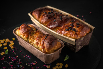 Easter cake with raisins, nuts, poppy seeds, chocolate. Holiday pastries.