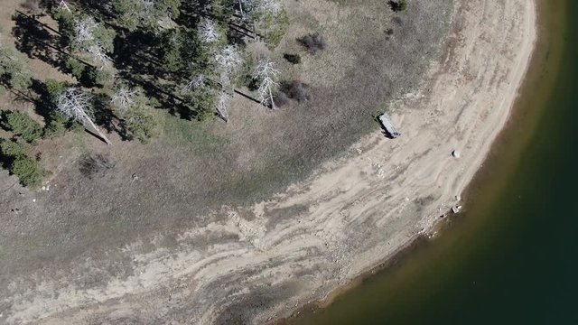 Aerial view of isolated small forest island in a lake with birds