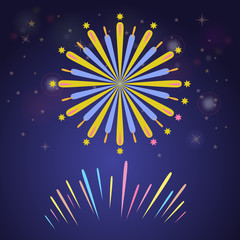 Fototapeta na wymiar Colorful fireworks for celebration concept design. Firetracker for party and anniversary background. Flat color vector illustraton.