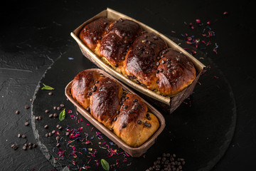 Easter cake with raisins, nuts, poppy seeds, chocolate. Holiday pastries.