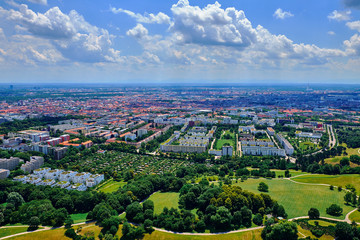 View from a height to residential areas in Munich