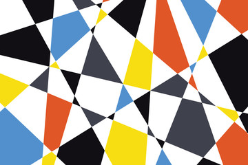 Abstract background pattern made with triangular and trapezoidal geometric shapes in blue, orange, yellow, grey and black colors. Colorful, trendy, playful and modern vector art.