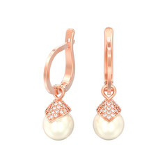 3D illustration isolated red rosr gold pearl diamond earrings with hinged lock