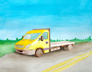 Fototapeta na wymiar Watercolor yellow empty flatbed rides a load on the asphalt road. Background of daytime summer landscape.