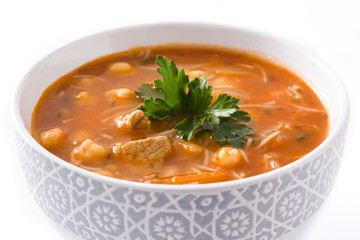 Harira soup in bowl isolated on white background. Typical Moroccan food. Ramadán concept.