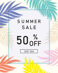 Summer sale banner, poster with palm leaves vector.