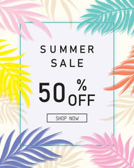 Fototapeta na wymiar Summer sale banner, poster with palm leaves vector.