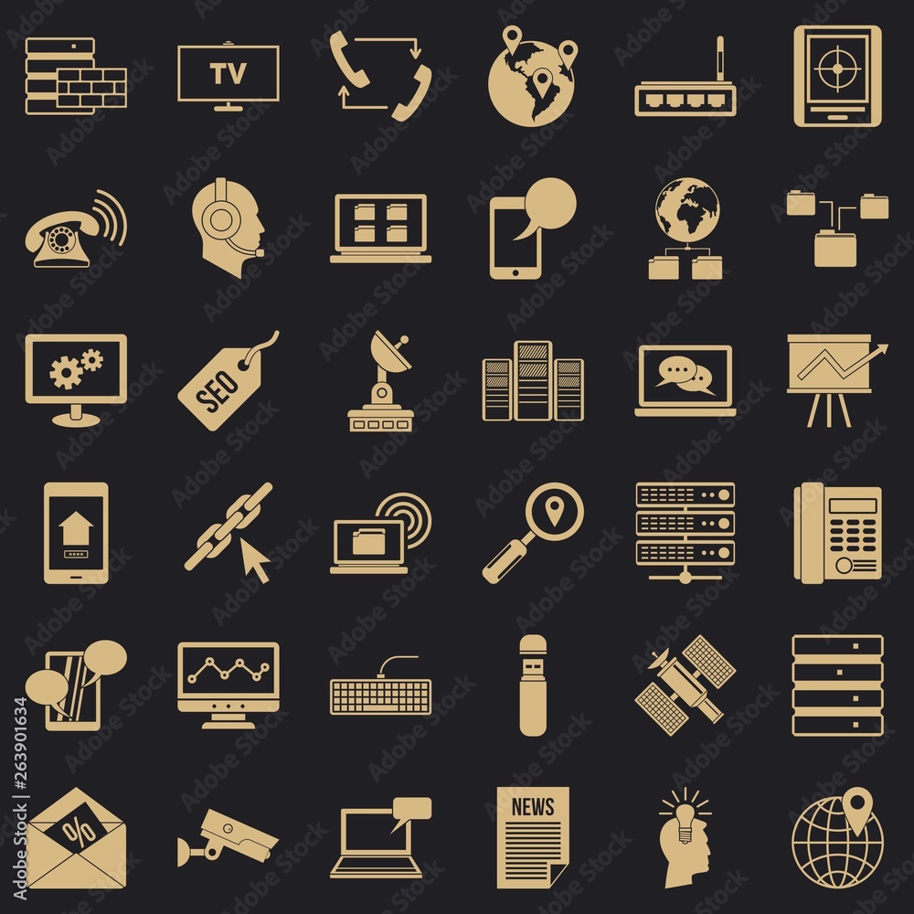 Poster telecommunication icons set. simple style of 36 telecommunication vector icons for web for any desig