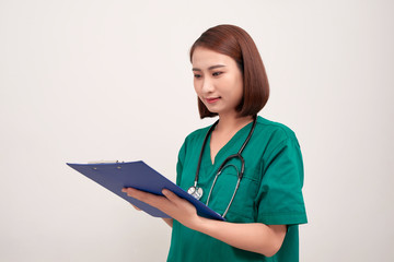 Asian nurse woman with a folder , isolated on white background