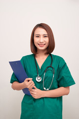 Asian nurse woman with a folder , isolated on white background