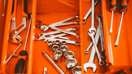 Orange toolbox. Wrench kit. Hand tools. Diy hardware. Mechanic workshop essentialinstruments....