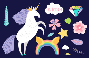 Cartoon unicorn collection accessorises vector illustration. Unicorn and rainbow, collection of sticker