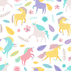 Fairytale unicorn with floral elements vector seamless pattern. Fairytale seamless pattern, cartoon unicorn background illustration