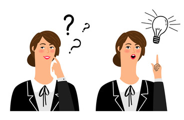 Girl thinks and has a new good idea vector illustration. Girl with idea business