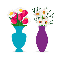 Spring flowers bouquets in vases vector isolated on white. Illustration of bouquet vase, blossom flower summer
