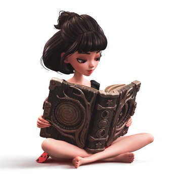 3d illustration of a cartoon young brunette girl sitting with legs crossed on the floor and reading an interesting large magic book. Surreal image of a curious girl reading spells from a giant book.