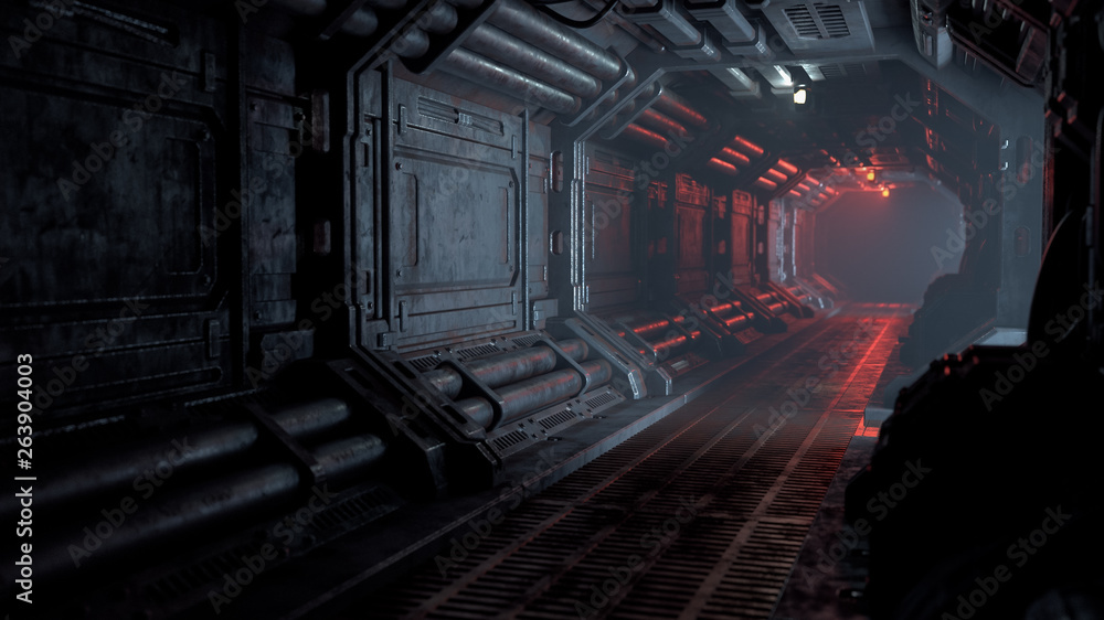 Wall mural 3d rendering of realistic sci-fi dark corridor with red light. futuristic tunnel with grunge metal w