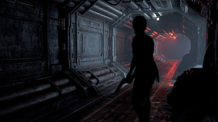 Silhouette of a girl with a gun in her hand walking along a realistic sci-fi dark corridor with red light. 3d rendering of a cyberpunk tunnel in the fog. Illustration of an empty corridor in spaceship © roman3d