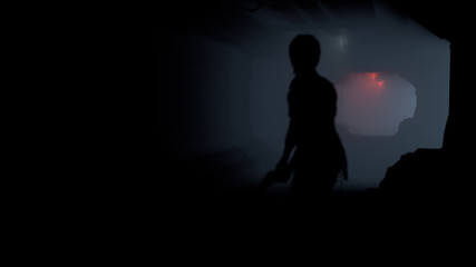 Silhouette of a girl with a gun in her hand walking along a realistic sci-fi dark corridor with red light. 3d rendering of a cyberpunk tunnel in the fog. Illustration of an empty corridor in spaceship