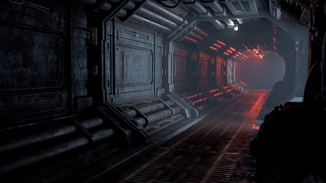 3d rendering of realistic sci-fi dark corridor with red light. Futuristic tunnel with grunge metal walls. Cyberpunk tunnel. Interior view. Modern futuristic hall. Empty corridor in a spaceship. Fog.
