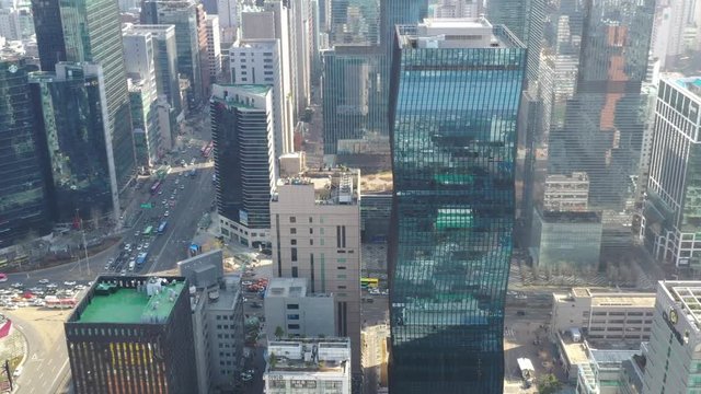 a drone shot in downtown Seoul