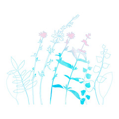 different hand drawn leaves, wild flowers and plants with watercolor texture in light pink and blue on white background