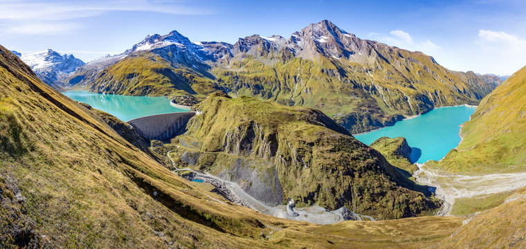 Panoramic view over the High Mountain Reservoirs at Mooserboden near Kaprun, Salzburg, Austria