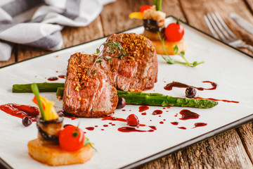 Luxury gourmet food. Veal cooking recipe. Elegant expensive restaurant meal. Meat dish on plate.