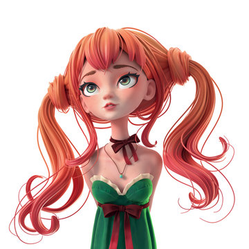 3d cartoon character ginger girl in green dress. Dreaming woman with long two tails looking up. Ginger girl. Portrait of beautiful redhead girl with a dreamy expression. 3d render on white background.