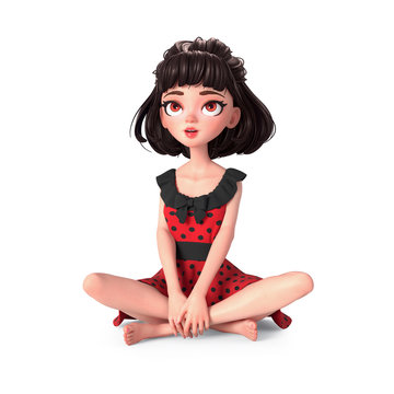3d illustration of cartoon young woman wearing retro red dress with black polka dots sitting on floor with legs crossed on white background. Character of a brunette girl with big brown eyes looking up