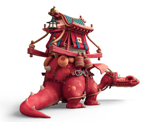 3d illustration of an Asian cute red cartoon dragon with traders cart on his back. Fabulous road adventure on the dragon. Palanquin trader with bright colors and gold. 3d rendering on white background