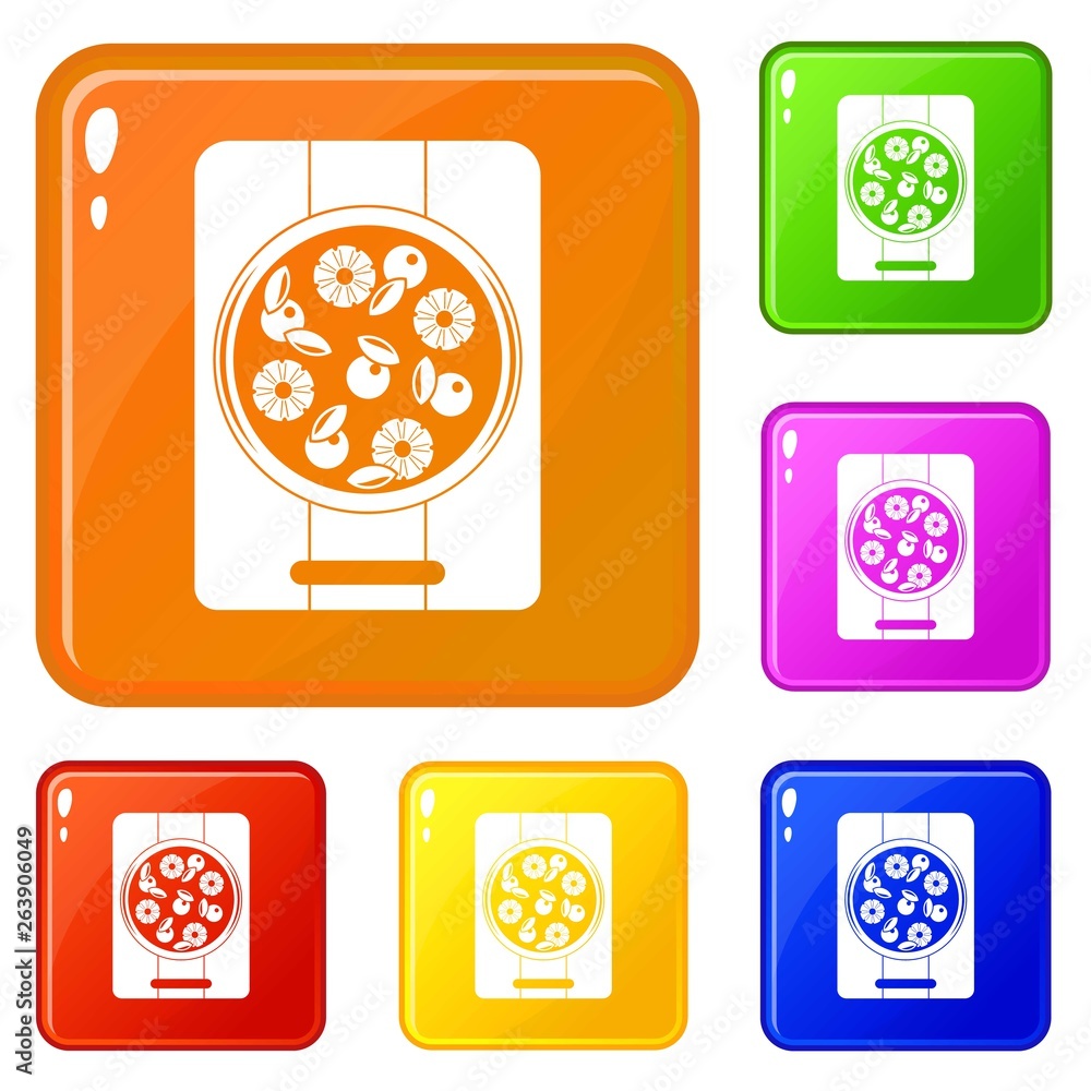Poster pizza with pineapple and basil on board icons set collection vector 6 color isolated on white backgr